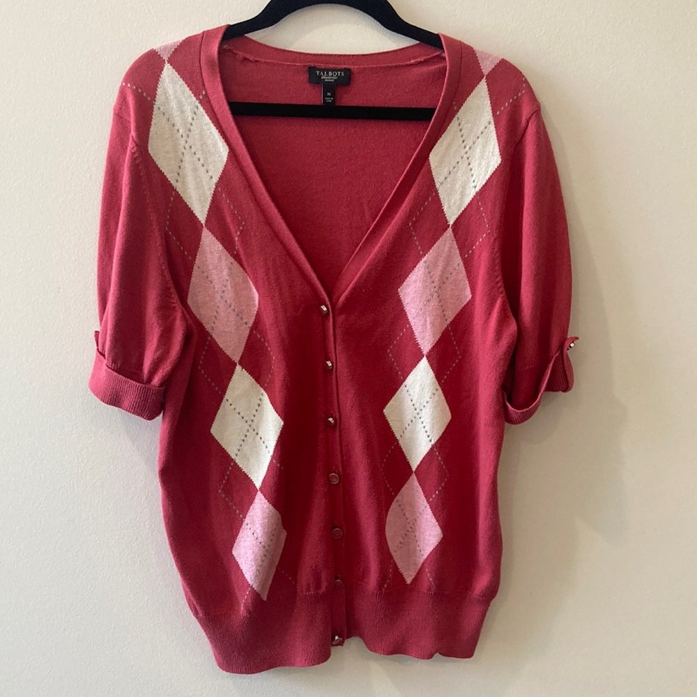 Talbots short-sleeve cotton silk-blend pink cardigan